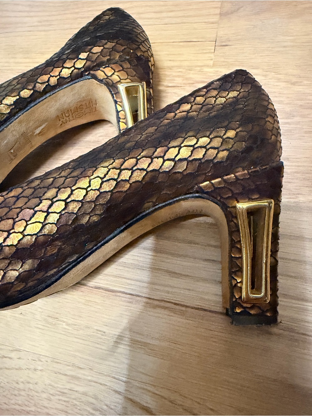 Vintage Timothy Hitsman Metallic Bronze Embossed Leather-Architectural Heels